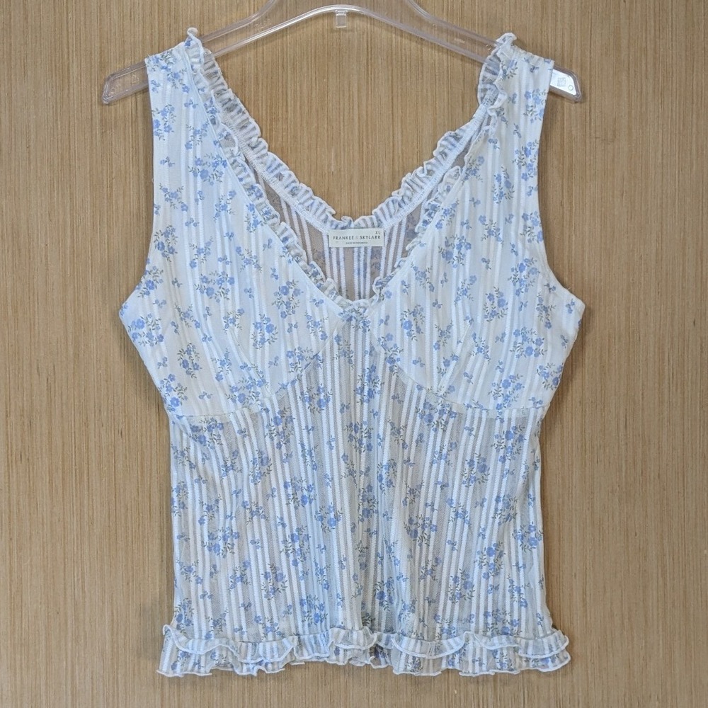 Frankee & Skylarr Cottage Coquette Sheer Mesh Floral Ruffle Top Size XL Blue